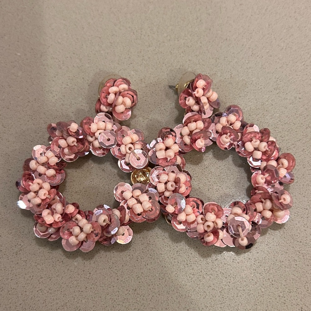 BaubleBar Pink Sequin Flower Earrings Statement Sparkly Party Bridal